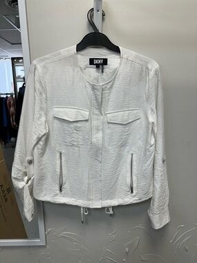 DKNY White Crewneck Zip-Pocket Jacket